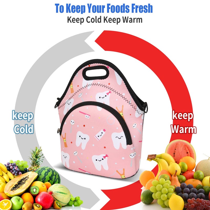 Violet Mist Neoprene Thermal Insulated Lunch Bag Tote for Women, Soft Large with Extra Pocket, Adjustable Shoulder Strap, Pink Teeth - Image 4